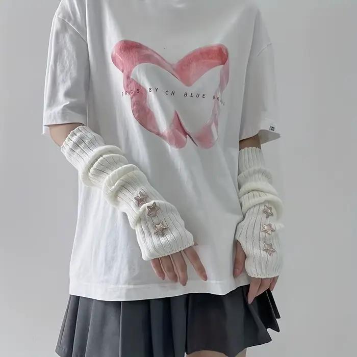 1 paire de gants sans doigts pour femmes, avec décoration d'étoiles, blanc/noir/rose, lavables en ma
