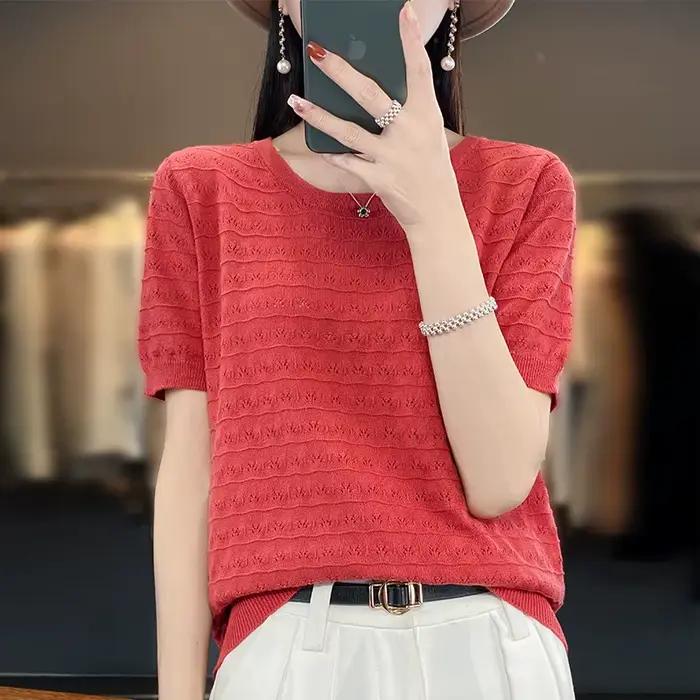 Pull décontracté à col rond pour femme, 2023 coton, manches courtes, haut tendance coréen, été, nouv