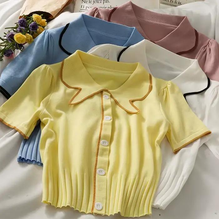 T-shirt court à manches courtes pour femme, avec col polo, patchwork, élastique, slim, été 2021