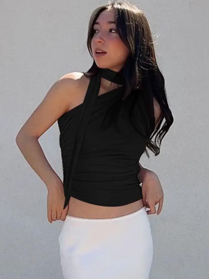Débardeur dos nu Sexy pour femmes, épaules dénudées, col licou, Vintage, sans manches, haut court, v