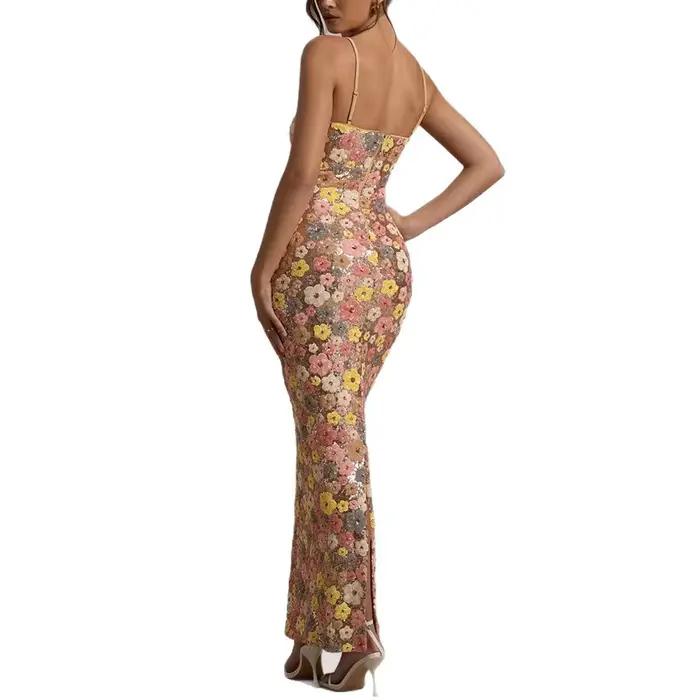 Summ femmes fleurs paillettes Patchwork mince fête longue robe sans bretelles mode Maxi robe, Sexy s
