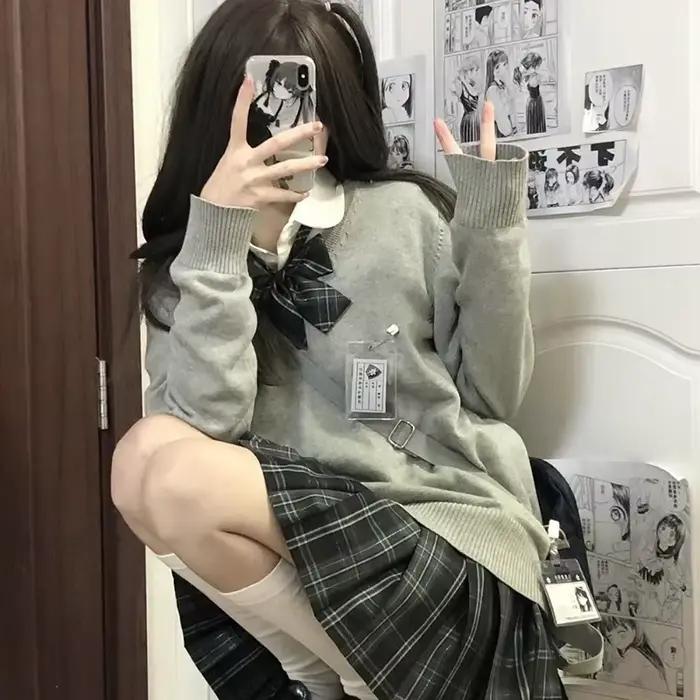 JK-Pull en tricot fin à col en V pour femmes, pull décontracté, pull tout macth, mode japonaise, sty