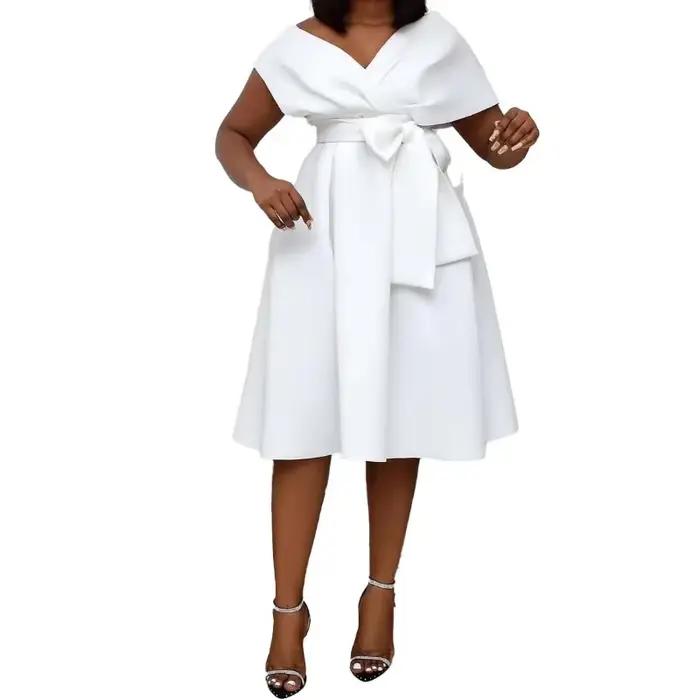 Robe de soirée élégante pour femme, col en V, manches courtes, épaules dénudées, à lacets, nœud, tai