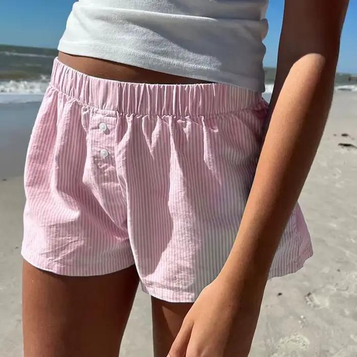 Short décontracté à imprimé rayé pour femme, taille élastique, bas boutonnés à la mode, streetwear c