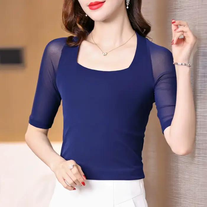 Chemise en maille à demi-manches pour femmes, chemise mince pour documents solides, mode coréenne, t