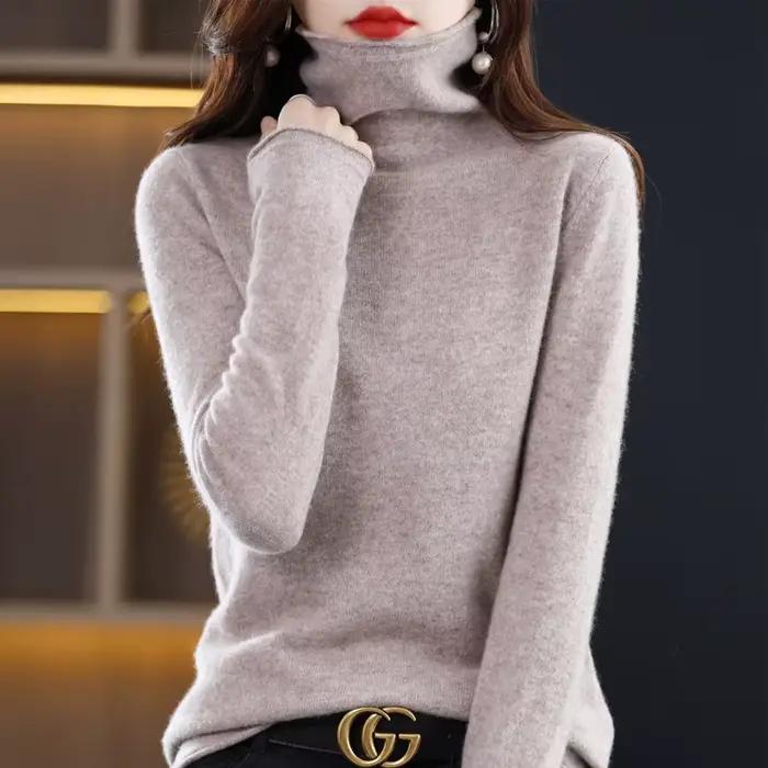 Pull en laine mérinos 100% pour femme, pull à col pileux, en cachemire, décontracté, manches longues