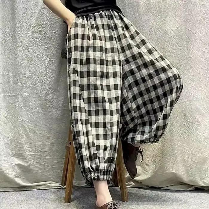 Pantalon à carreaux en lin de coton pour femmes, taille élastique, vêtements vintage décontractés, s