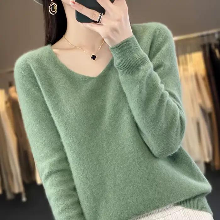 Pull en cachemire à col en V pour femme, 100% laine mérinos, pull basique, manches longues, tricots 
