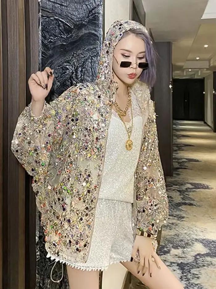 AmaxluluE 2025 été britannique Streetwear dames paillettes à capuche vestes amples femmes Vintage fe