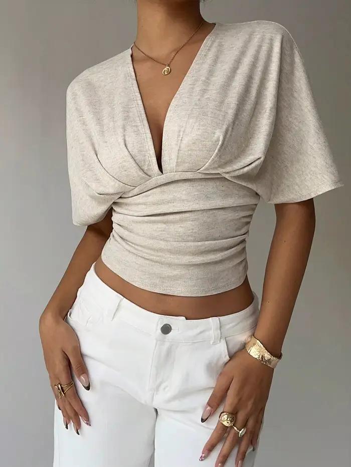 T-shirt d'été à manches courtes pour femmes, abricot, décolleté en V profond, ajusté