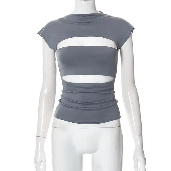 Sexy Wrap poitrine évider col roulé mince t-shirt femmes manches courtes chemise à bascule dames t-s