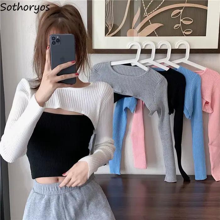 Crop Top à Manches sulfet Col Rond pour Femme, Vêtement Décontracté et Doux, Style Hipster