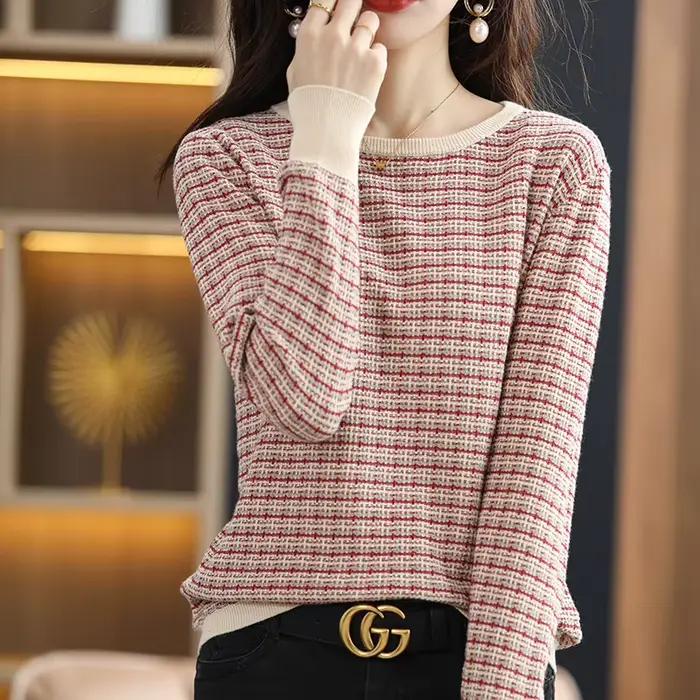 Pull doux à col rond pour femme, vêtement chaud, décontracté, à rayures contrastées, 100% coton, col