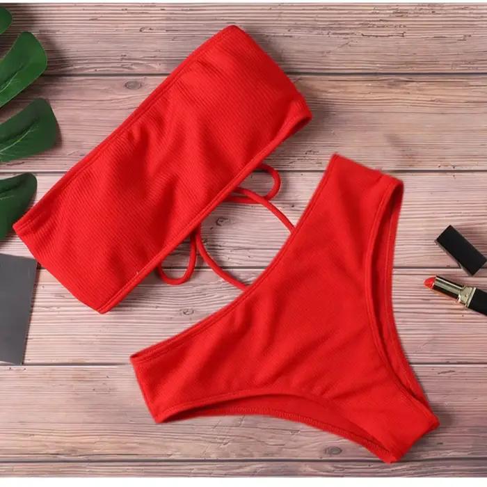 Mode sans bretelles Bikini ensemble Sexy réglable maillot de bain dos nu taille haute maillot de bai