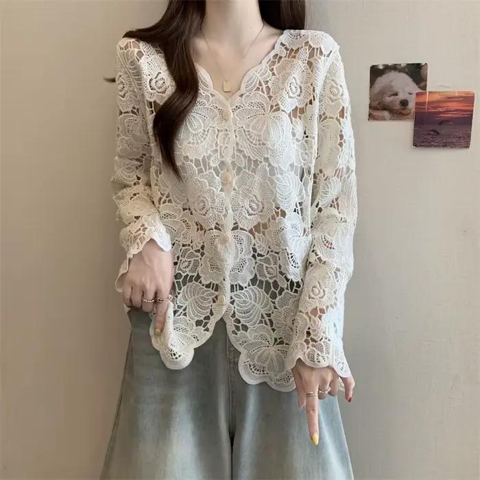 Boring Honey grande taille dentelle Crochet évider col en v chemise à manches longues femmes à la mo