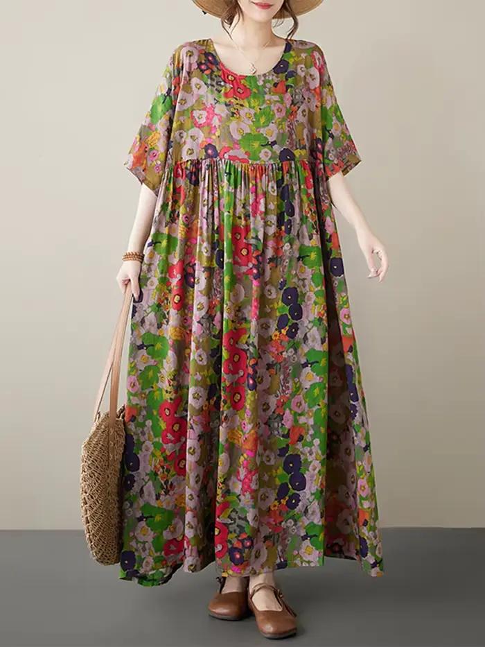 Robe longue vintage en coton à manches courtes et imprimé violet pour femme – Collection été 2026 – 
