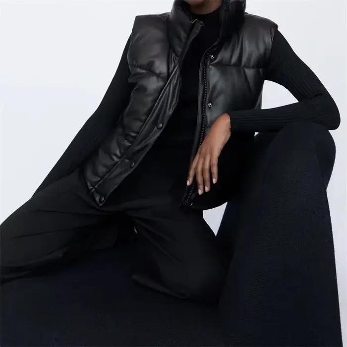Veste en similicuir PU pour femme, gilet en duvet, PU noir, glaçure bouffante, parkas optiques, stre