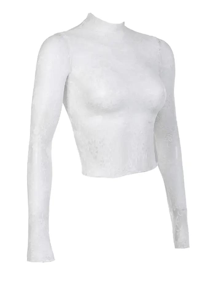 Chemisier Sexy en dentelle pour femmes, chemises d'été à col roulé, manches longues, transparent, Pa
