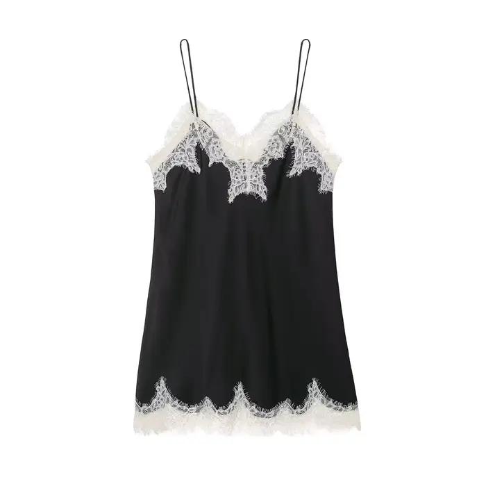 HH été femme mode Sexy sans manches dos nu dentelle décoration soie Satin Texture Camisole haut femm