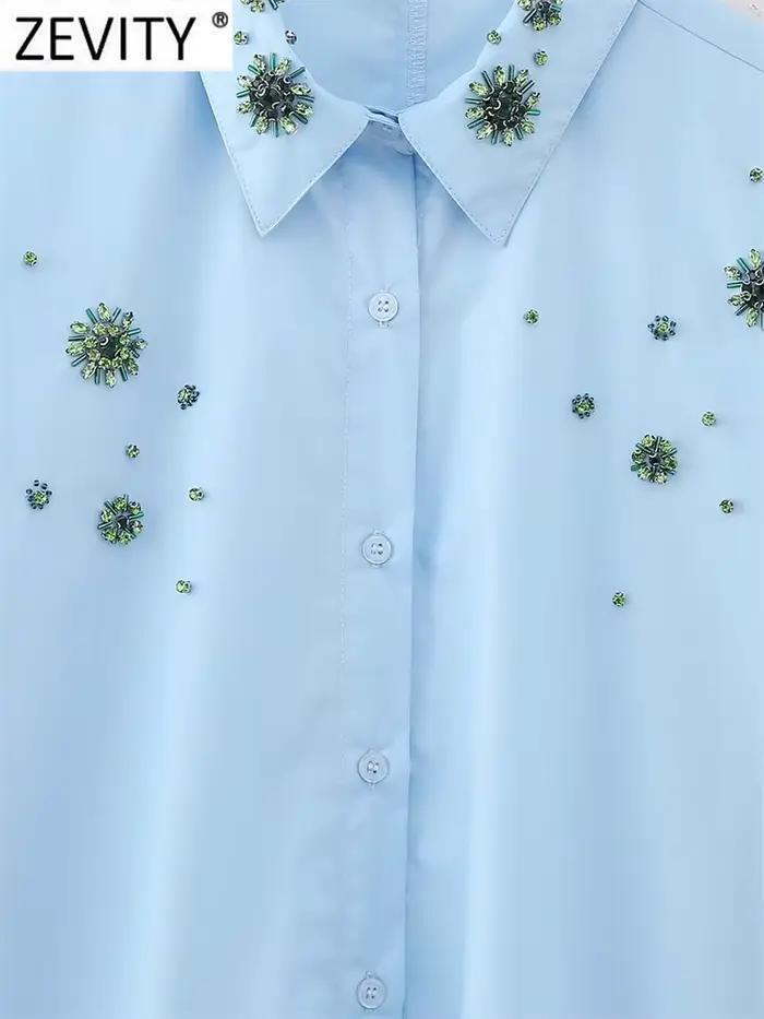 Zevity-Chemisier en Popeline à Manches sulfpour Femme, Broderie de Perles de Diamant, Chemise Décont