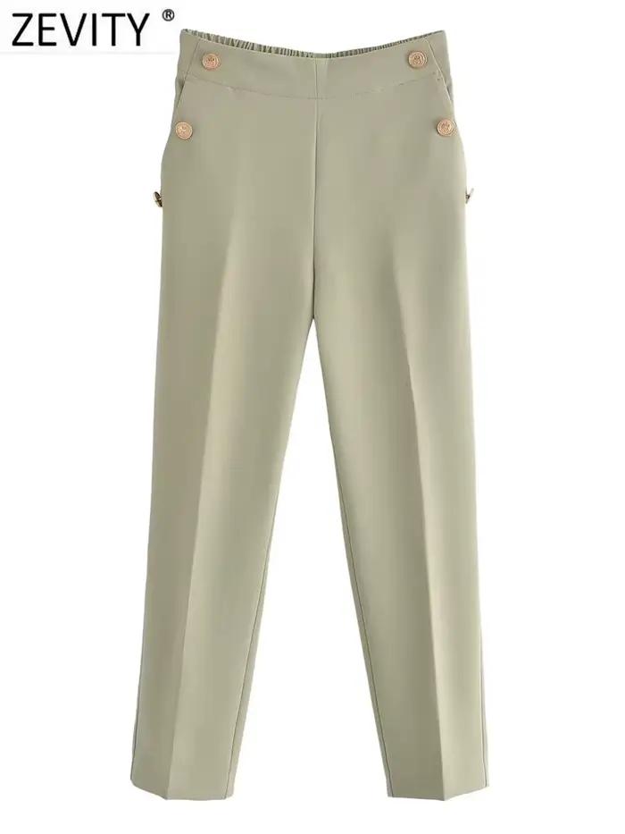 Zevity-Pantalon Crayon Décontracté pour Femme, Mode, Solide, Document, lèvent Dorés, Chic, Longueur 