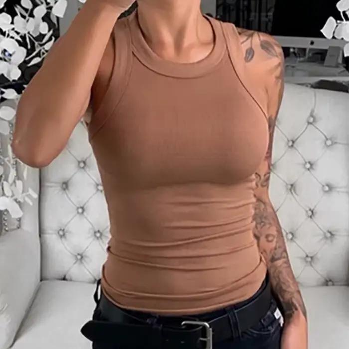 Femmes solide col rond côtelé débardeur Camisole femmes été basique élastique débardeur col rond sol