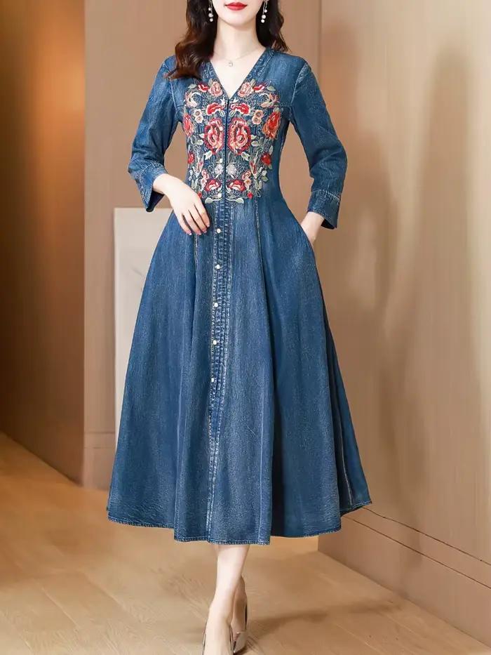 TIYIHAILEY-robe longue en jean mi-mollet à simple boutonnage pour femmes, robe brodée de Style chino