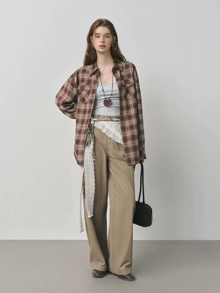 FSLE 2025 Pantalon kaki pour femme - Pantalon en coton à jambe droite Coupe décontractée d'automne S