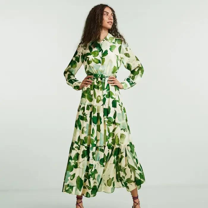 CHCH robe femme 2025 printemps nouveau col à manches longues fleur verte vacances