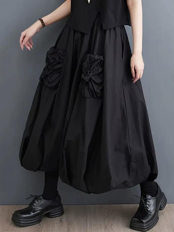 Jupe plissée noire vintage pour femmes, jupe longue bicouche, vêtements décontractés, taille haute, 