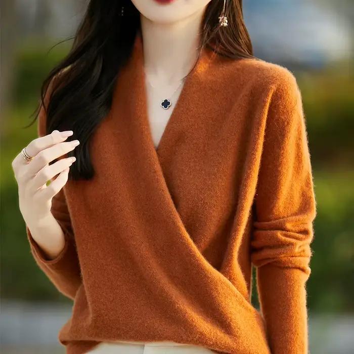 Hiver 100% Pure laine tricoté femmes pull col en v pull Standard cachemire tricots nouvelle mode Sex
