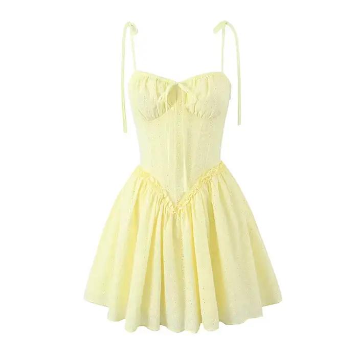 YENKYE-Mini robe à bretelles jaunes brodées évidées pour femmes, robes de soirée bandage à lacets ta