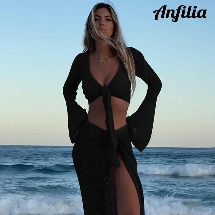 Anfilia Ensemble haut et jupe en tricot à manches longues pour femme, tenue deux pièces décontractée