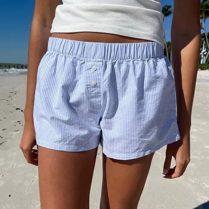Short décontracté à imprimé rayé pour femme, taille élastique, bas boutonnés à la mode, streetwear c