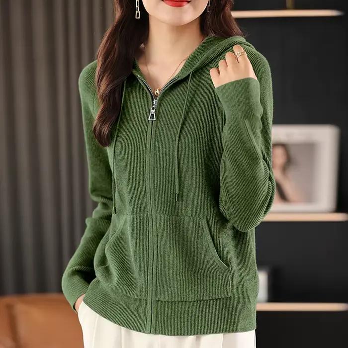 Pull en mélange de laine pour femme, col à capuche, tricoté épais, fermeture éclair, avec base de po
