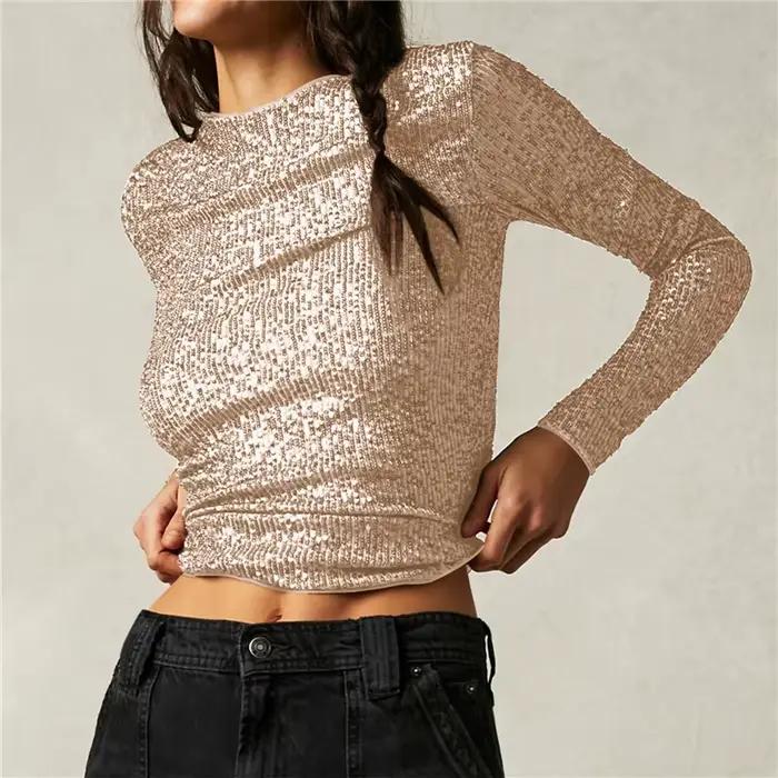 Haut court à manches longues pailletées pour femmes, col rond, paillettes brillantes, t-shirt de soi