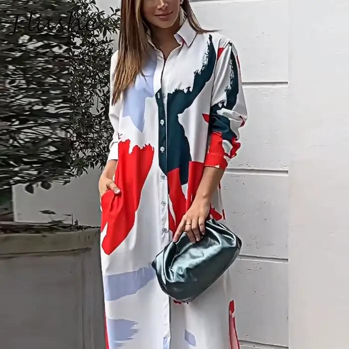 Robe Longue à Col Rabattu pour Femme, Chemise à lèvent, Robes de Soirée Imprimées avec Poches, Autom