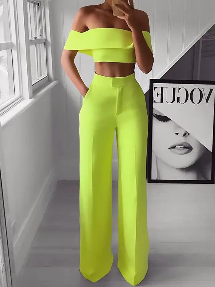 2025 été solide décontracté deux pièces ensemble femmes Sexy haut court jambe large pantalon tenues 