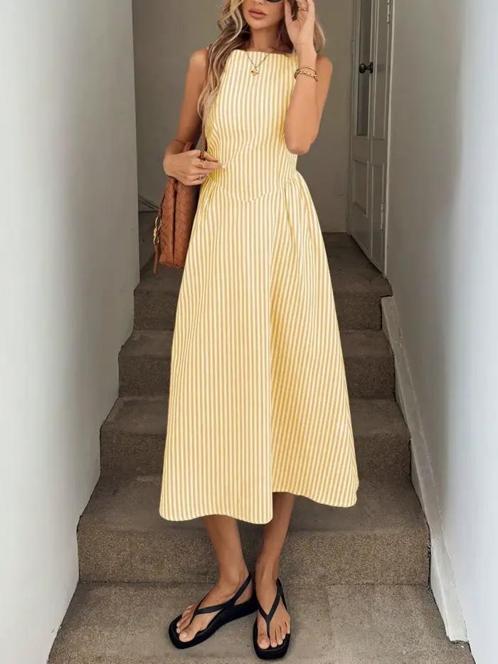 Robe d'été amincissante sans manches à rayures verticales, fraîche, tempérament élégant, nouvelle co