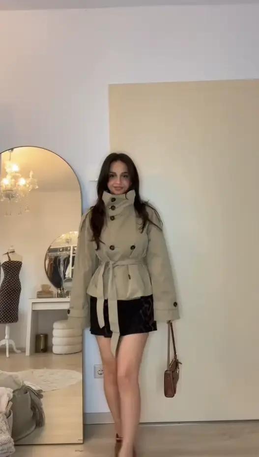 Trench court à taille ceinturée pour femme, manteaux à col montant et Double boutonnage, Chic, décon