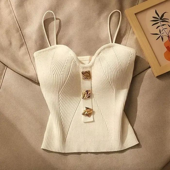 Été croix tricot jarretelle femmes Style français Sexy beauté Camisole coupe ajustée sans manches T-