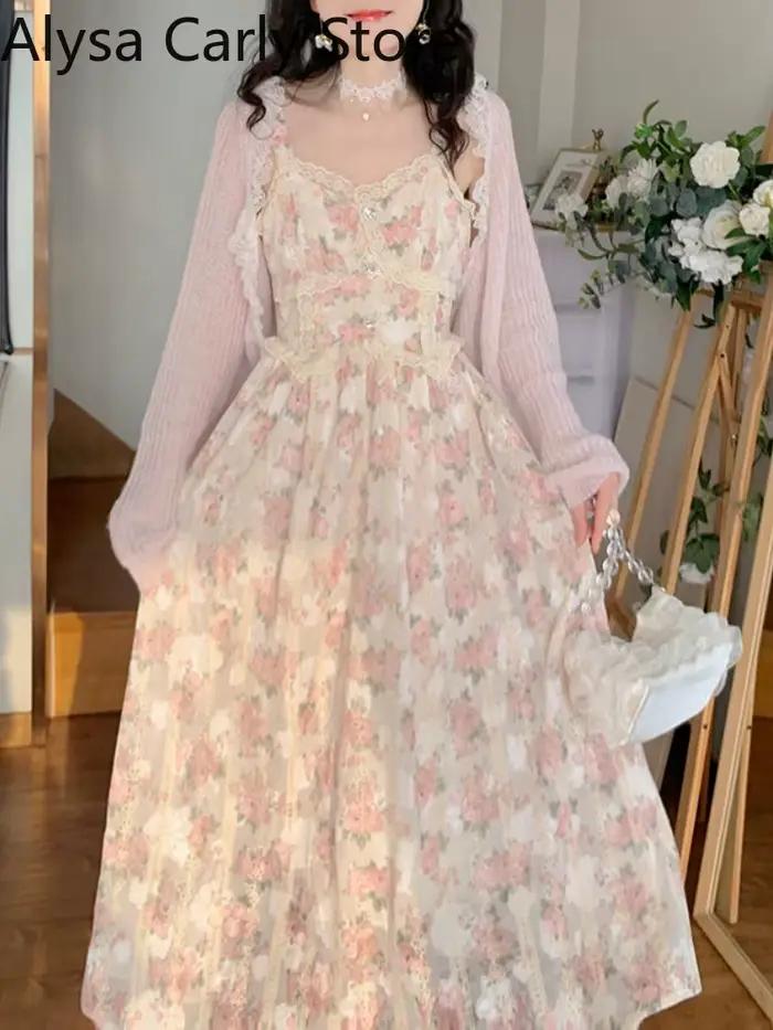 Robe longue en mousseline de soie et dentelle pour femmes, broderie florale, nickel é, vintage, douc