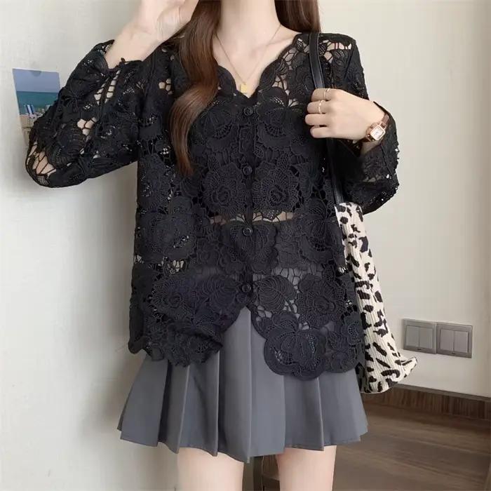 Boring Honey grande taille dentelle Crochet évider col en v chemise à manches longues femmes à la mo