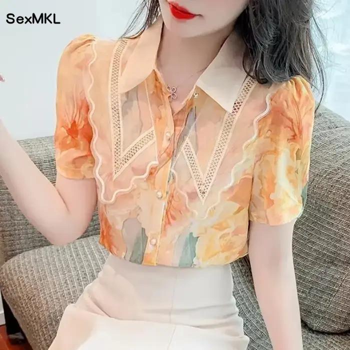 Chemisiers d'été en mousseline pour femmes 2026 – Blouses élégantes à imprimé floral, style coréen v