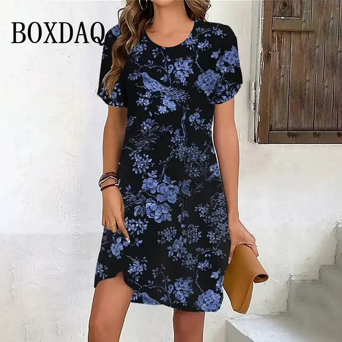 Robe d'été rétro à manches courtes pour femmes, vêtements décontractés, mini robe d'été, peinture d'