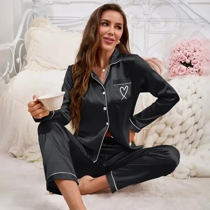 2026 nouvelles femmes pyjama ensemble broderie à manches longues hauts avec pantalon 2 pièces ensemb