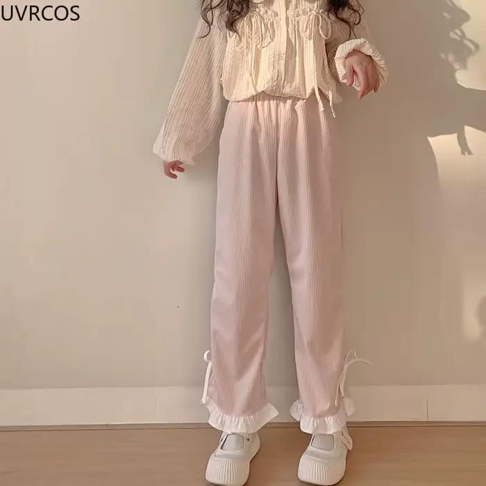 Pantalon en velours côtelé à nœud rose pour femme, style Sweet Lolita, volants Kawaii, bandage latér