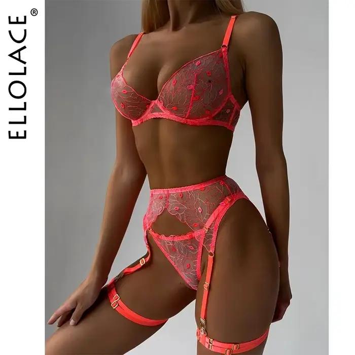 KEOLACE-Ensemble de lingerie en dentelle orange néon, sous-vêtements bien apparents, fille chaude, s