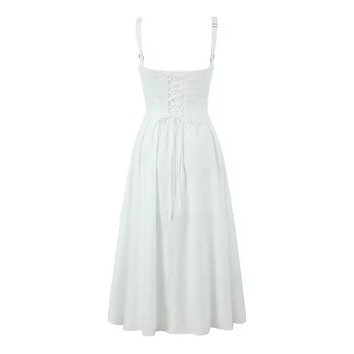YENKYE-Robe trapèze mi-longue à lacets pour femme, robe en coton, robe fendue sur le devant, robe de