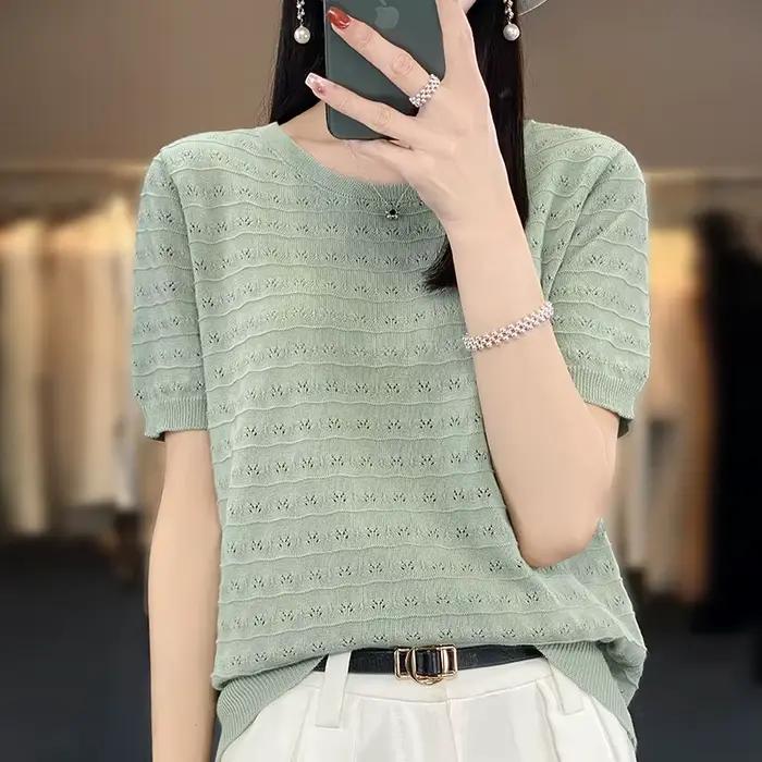Pull décontracté à col rond pour femme, 2023 coton, manches courtes, haut tendance coréen, été, nouv